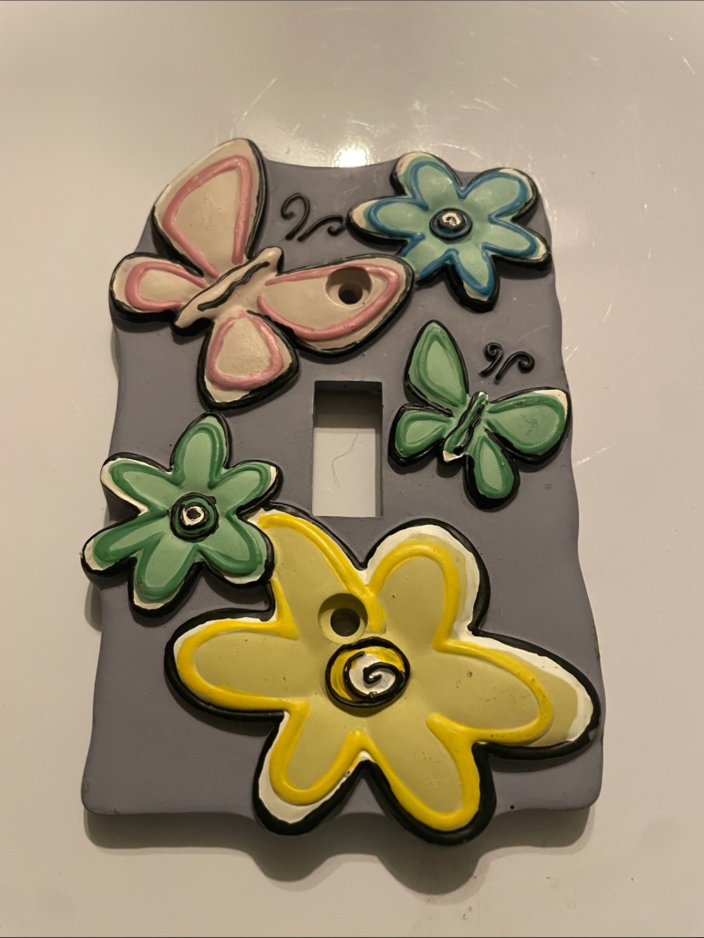 Ceramic Butterfly & Flower Switch Plate Yellow, Green, Pink Accents-Cottagecore